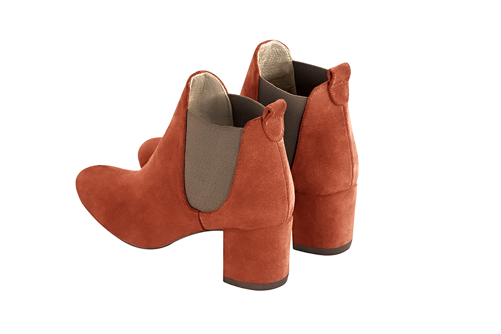 Terracotta orange and taupe brown women's ankle boots, with elastics. Round toe. Medium block heels. Rear view - Florence KOOIJMAN
